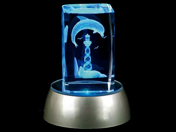 3D Laser Kristallquader Glasblock Quader LED NETZ/Batt Leuchtsockel div Motive 